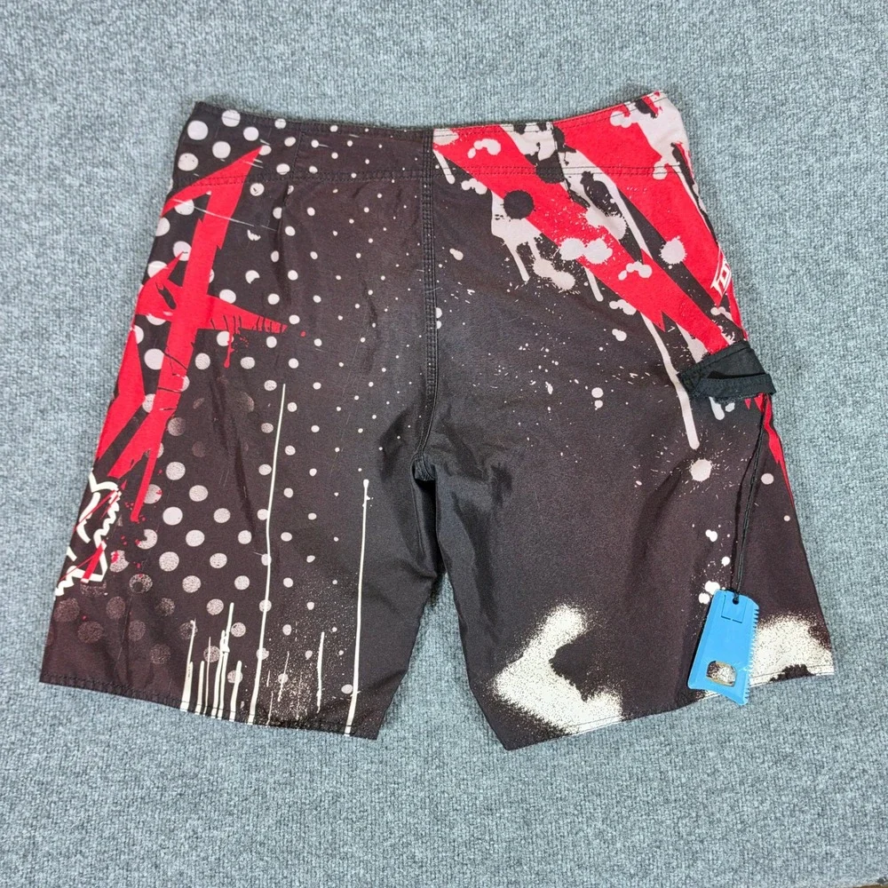 Y2K Fox Racing Mens Board Shorts Black Red Graphic Swim Trunks 34 BOTTLE OPENER